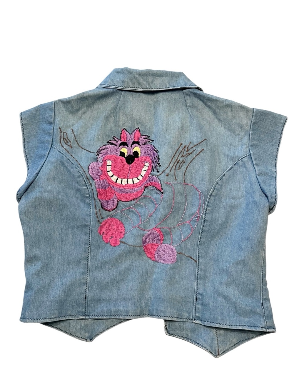 Vintage handmade disappearing Cheshire Cat cropped denim open front vest small